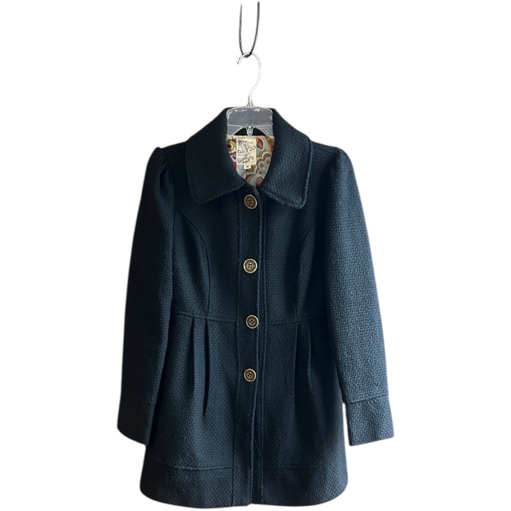 Anthropologie Tulle black wool poly acrylic textured coat pleats pockets Sz S